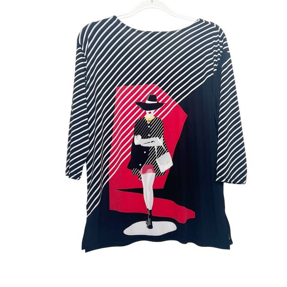 VALENTINA Chic In Red Blouse 3/4 Sleeve Scoop Neck Beaded Black White Red Size L - Picture 6 of 7